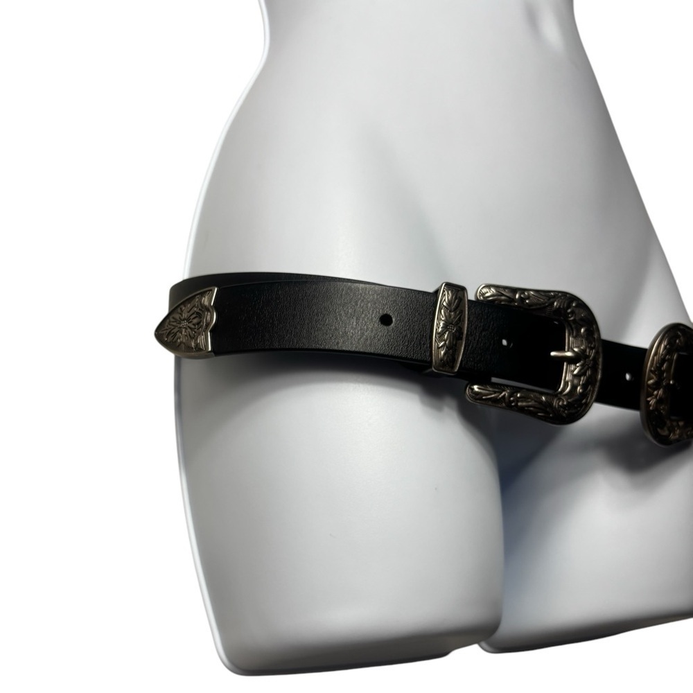 Statement Belt Unbranded Double Buckle Western Belt One Size Black Silver - Picture 2 of 4